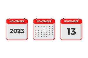 november 2023 kalender design. 13: e november 2023 kalender ikon för schema, utnämning, Viktig datum begrepp vektor