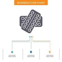 Medizin. Pille. Drogen. Tablette. Patienten-Business-Flow-Chart-Design mit 3 Schritten. Glyphensymbol für Präsentationshintergrundvorlage Platz für Text. vektor