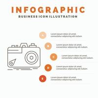 kamera. fotografi. fånga. Foto. öppning infographics mall för hemsida och presentation. linje grå ikon med orange infographic stil vektor illustration