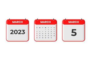 Mars 2023 kalender design. 5:e Mars 2023 kalender ikon för schema, utnämning, Viktig datum begrepp vektor