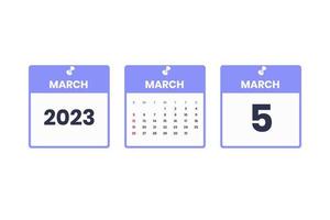 März Kalenderdesign. 5. März 2023 Kalendersymbol für Zeitplan, Termin, wichtiges Datumskonzept vektor