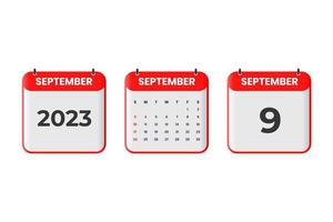 September 2023 Kalenderdesign. 9. September 2023 Kalendersymbol für Zeitplan, Termin, wichtiges Datumskonzept vektor