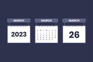 26 Mars 2023 kalender ikon för schema, utnämning, Viktig datum begrepp vektor