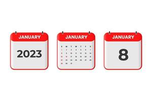 Januar 2023 Kalenderdesign. 8. januar 2023 kalendersymbol für zeitplan, termin, wichtiges datumskonzept vektor