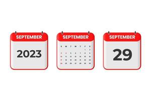 September 2023 Kalenderdesign. 29. September 2023 Kalendersymbol für Zeitplan, Termin, wichtiges Datumskonzept vektor