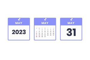 Mai Kalenderdesign. 31. Mai 2023 Kalendersymbol für Zeitplan, Termin, wichtiges Datumskonzept vektor