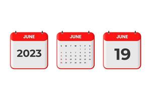 Juni 2023 Kalenderdesign. 19. Juni 2023 Kalendersymbol für Zeitplan, Termin, wichtiges Datumskonzept vektor