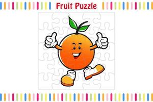 Obst-Puzzle-Spiel für Kinder, Puzzleteile Farbarbeitsblatt Aktivitätsseite, isolierte Vektorillustration, Maskottchen-Cartoon-Stil vektor