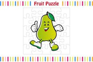 Obst-Puzzle-Spiel für Kinder, Puzzleteile Farbarbeitsblatt Aktivitätsseite, isolierte Vektorillustration, Maskottchen-Cartoon-Stil vektor