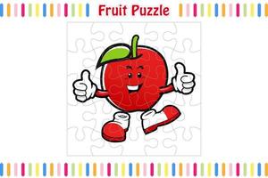 Obst-Puzzle-Spiel für Kinder, Puzzleteile Farbarbeitsblatt Aktivitätsseite, isolierte Vektorillustration, Maskottchen-Cartoon-Stil vektor