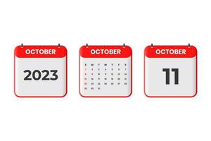 Oktober 2023 Kalenderdesign. 11. Oktober 2023 Kalendersymbol für Zeitplan, Termin, wichtiges Datumskonzept vektor