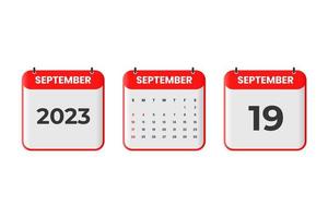 september 2023 kalender design. 19:e september 2023 kalender ikon för schema, utnämning, Viktig datum begrepp vektor