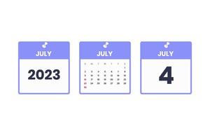 Juli Kalenderdesign. 4. Juli 2023 Kalendersymbol für Zeitplan, Termin, wichtiges Datumskonzept vektor