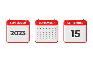 september 2023 kalender design. 15:e september 2023 kalender ikon för schema, utnämning, Viktig datum begrepp vektor