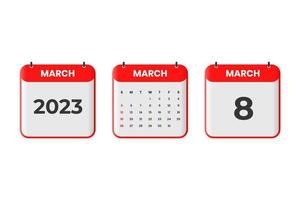 März 2023 Kalenderdesign. 8. März 2023 Kalendersymbol für Zeitplan, Termin, wichtiges Datumskonzept