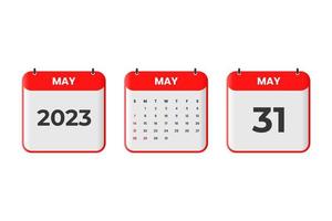 Mai 2023 Kalenderdesign. 31. Mai 2023 Kalendersymbol für Zeitplan, Termin, wichtiges Datumskonzept vektor