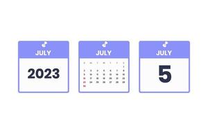 juli kalender design. juli 5 2023 kalender ikon för schema, utnämning, Viktig datum begrepp vektor