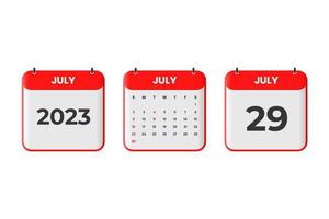 Juli 2023 Kalenderdesign. 29. Juli 2023 Kalendersymbol für Zeitplan, Termin, wichtiges Datumskonzept vektor