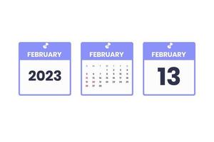 Februar-Kalender-Design. 13. Februar 2023 Kalendersymbol für Zeitplan, Termin, wichtiges Datumskonzept vektor