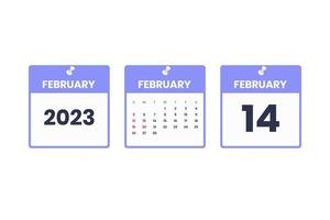 Februar-Kalender-Design. 14. Februar 2023 Kalendersymbol für Zeitplan, Termin, wichtiges Datumskonzept vektor