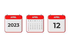 April 2023 Kalenderdesign. 12. April 2023 Kalendersymbol für Zeitplan, Termin, wichtiges Datumskonzept vektor