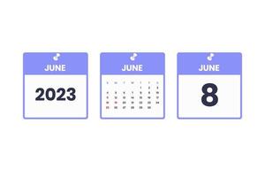 Juni-Kalender-Design. 8. Juni 2023 Kalendersymbol für Zeitplan, Termin, wichtiges Datumskonzept vektor