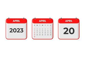 april 2023 kalender design. 20:e april 2023 kalender ikon för schema, utnämning, Viktig datum begrepp vektor