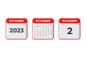 november 2023 kalender design. 2:a november 2023 kalender ikon för schema, utnämning, Viktig datum begrepp vektor