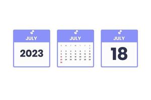 Juli Kalenderdesign. 18. Juli 2023 Kalendersymbol für Zeitplan, Termin, wichtiges Datumskonzept vektor