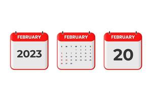 Februar 2023 Kalenderdesign. 20. Februar 2023 Kalendersymbol für Zeitplan, Termin, wichtiges Datumskonzept vektor