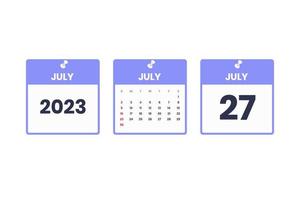 Juli Kalenderdesign. 27. Juli 2023 Kalendersymbol für Zeitplan, Termin, wichtiges Datumskonzept vektor