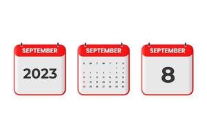 September 2023 Kalenderdesign. 8. September 2023 Kalendersymbol für Zeitplan, Termin, wichtiges Datumskonzept