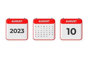 August 2023 Kalenderdesign. 10. August 2023 Kalendersymbol für Zeitplan, Termin, wichtiges Datumskonzept vektor