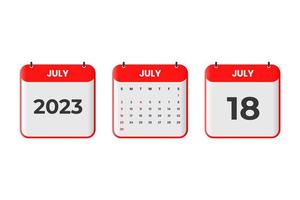Juli 2023 Kalenderdesign. 18. Juli 2023 Kalendersymbol für Zeitplan, Termin, wichtiges Datumskonzept vektor