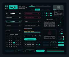 logga in ui element utrustning. säkerhet uppstart isolerat vektor komponenter. platt navigering menyer och gränssnitt knappar mall. webb design widget samling för mobil Ansökan med mörk tema