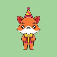 süße geburtstag fuchs cartoon maskottchen gekritzel kunst hand gezeichnet konzept vektor kawaii symbol illustration