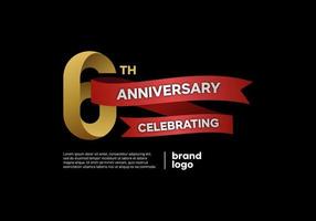 6 år årsdag logotyp i guld och röd på svart bakgrund vektor