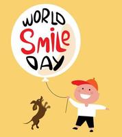 Welttag des Lächelns. lächelnder kleiner Junge mit Ballon in der Hand isoliert auf gelbem Hintergrund. vektor