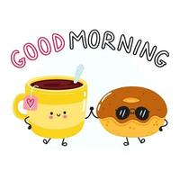 söt Lycklig munk och kaffe kopp. vektor tecknad serie karaktär illustration. Bra morgon- kort