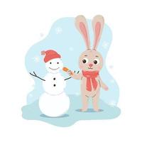 Cartoon-Kaninchen in einem Schal machte einen Schneemann, hält eine Karotte in seiner Pfote. nette weihnachtssaisonvektorillustration in der flachen karikaturart vektor