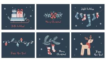 vektor uppsättning av jul och Lycklig ny år illustration vykort. design horisontell mallar. släde med gåvor, jul strumpa, krans och rådjur. xmas och ny 2023 år firande förberedelse.