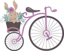Vintage-Fahrrad mit einem Blumenkorb und einem niedlichen Kaninchen. illustration im flachen karikaturstil vektor