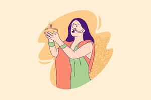 illustrationer skön indisk kvinna innehav diya lampa för firande diwali dag design begrepp vektor