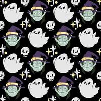läskigt halloween mönster i platt klotter stil med söt häxa i hatt, spöke, skalle och stjärnor på svart bakgrund vektor