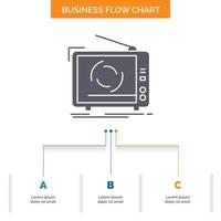 tv. annons. reklam. tv. uppsättning företag strömma Diagram design med 3 steg. glyf ikon för presentation bakgrund mall plats för text. vektor