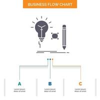 Idee. Einblick. Schlüssel. Lampe. Glühbirnen-Business-Flow-Chart-Design mit 3 Schritten. Glyphensymbol für Präsentationshintergrundvorlage Platz für Text. vektor