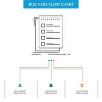 überprüfen. Checkliste. aufführen. Aufgabe. Business-Flow-Chart-Design mit 3 Schritten zu erstellen. Liniensymbol für Präsentation Hintergrundvorlage Platz für Text vektor