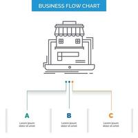 Geschäft. Marktplatz. Organisation. Daten. Online-Markt-Business-Flow-Chart-Design mit 3 Schritten. Liniensymbol für Präsentation Hintergrundvorlage Platz für Text vektor