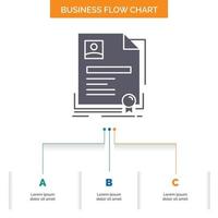 Vertrag. Abzeichen. Geschäft. Zustimmung. Zertifikat Business Flow Chart Design mit 3 Schritten. Glyphensymbol für Präsentationshintergrundvorlage Platz für Text. vektor
