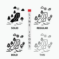 Wasserfall. Baum. Schmerzen. Wolken. Natur-Ikone in dünn. regulär. fette Linie und Glyphenstil. Vektor-Illustration vektor